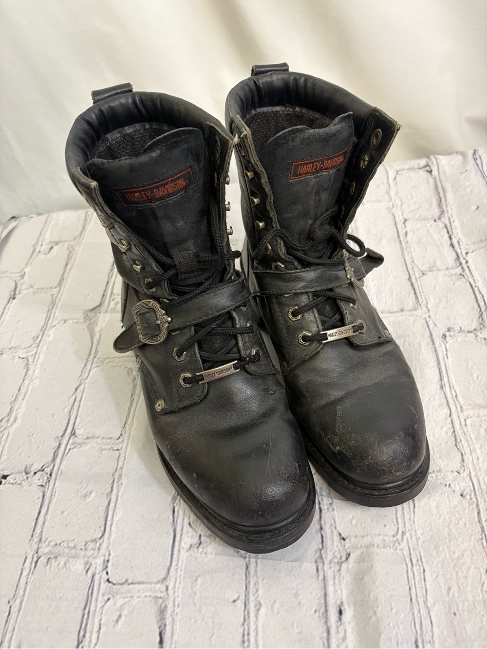 Harley-Davidson Black Leather Lace-Up Motorcycle Boots with Strap and Buckle